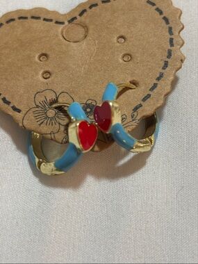 Gold-Tone Hoop Earrings with Red Heart & Blue Enamel
